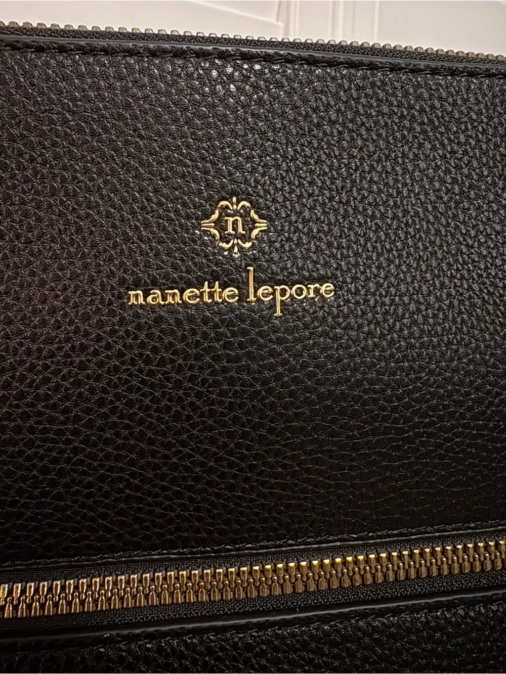 Nanette Lepore Black Pebbled Leather Messenger with Gold Accents